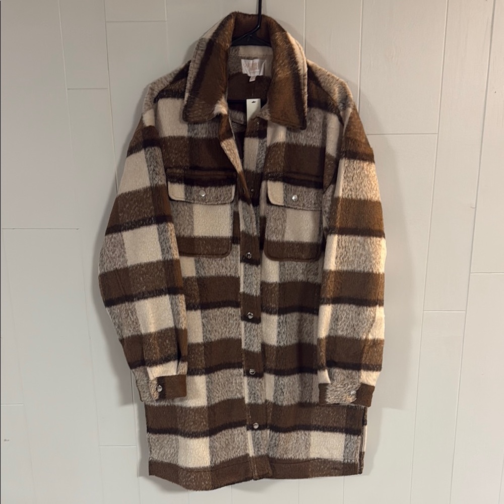 NWT Audrey Parks Oversized Plaid Shacket - Brown/Ivory, Size M